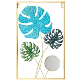 Cuadro Decorativo De Hierro Con 3 Hojas 1 Espejo Multicolor (azul, Verde, Turquesa) Con Marco Dorado Dorado